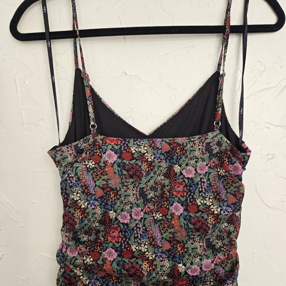 Lulu's Floral Mesh Ruched Green Pink Dress, M - Picture 10 of 14